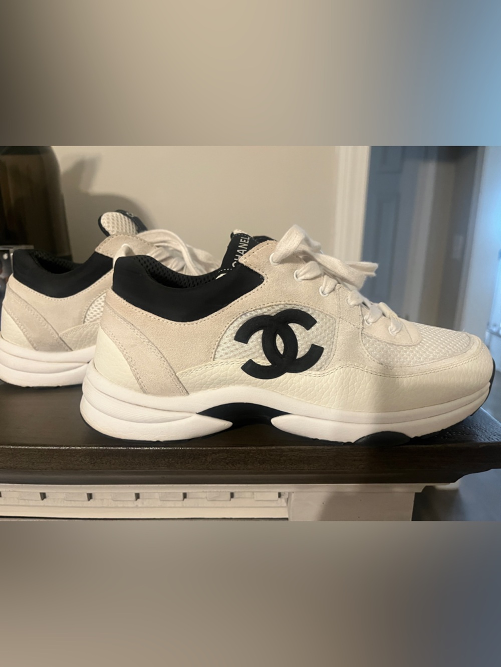 CHANEL White and Black CC Logo Athletic Sneakers